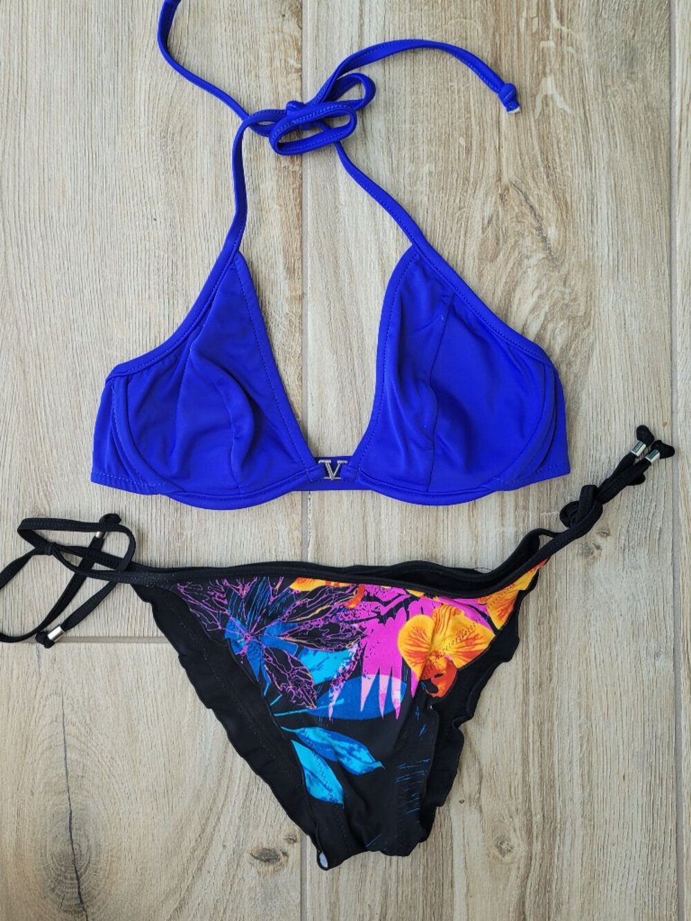 Venus Cobalt Blue Halter Bikini Top & Floral Bottom Set